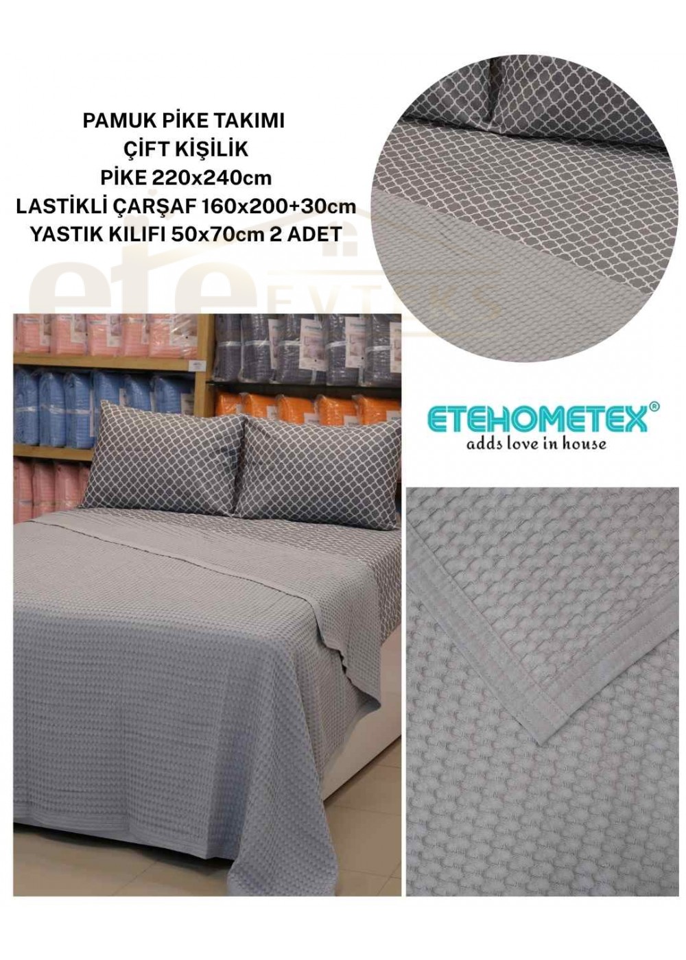 ETEHOMETEX ÇİFT KİŞİLİK %100 PAMUK HAVUZLU PİKE TAKIMI GRİ 8696474232075